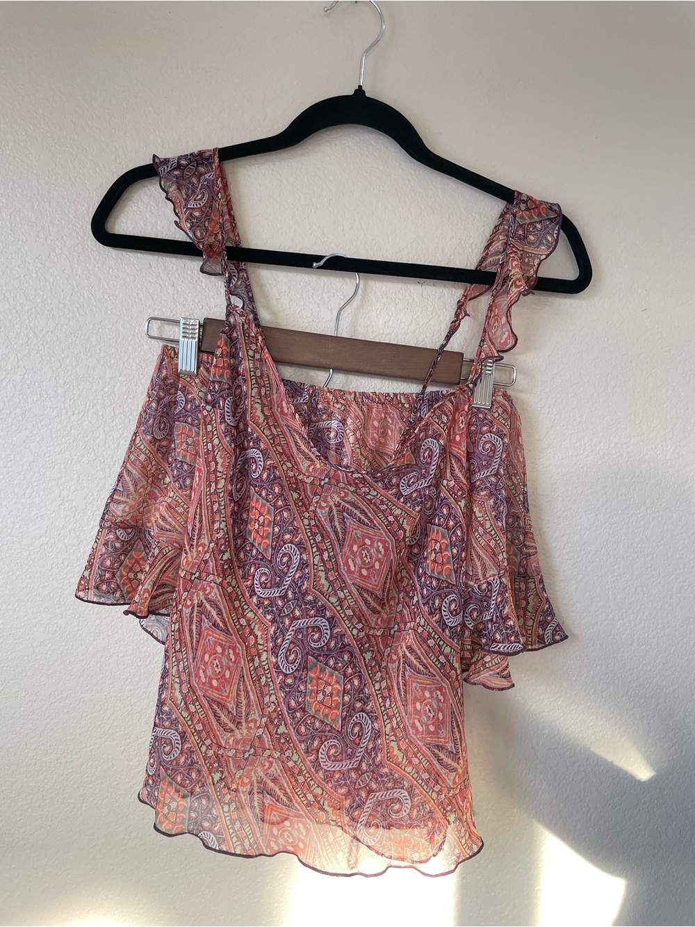 Victoria's Secret Coral & Mauve Paisley Cold-Shoulder Camisole 2 Piece Sheer